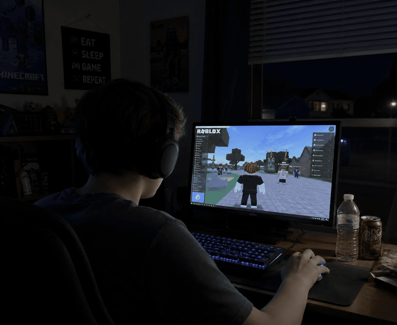 A teenager alone at a monitor late at night, lit by the screen